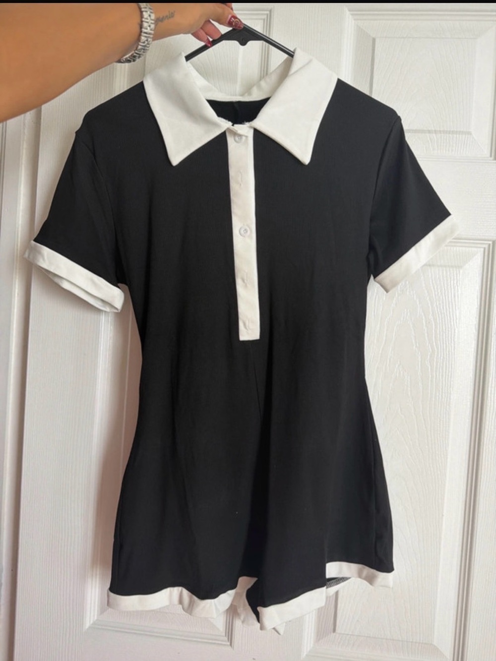 Source Unknown Black and White Button-Down Polo romper shorts- Women's